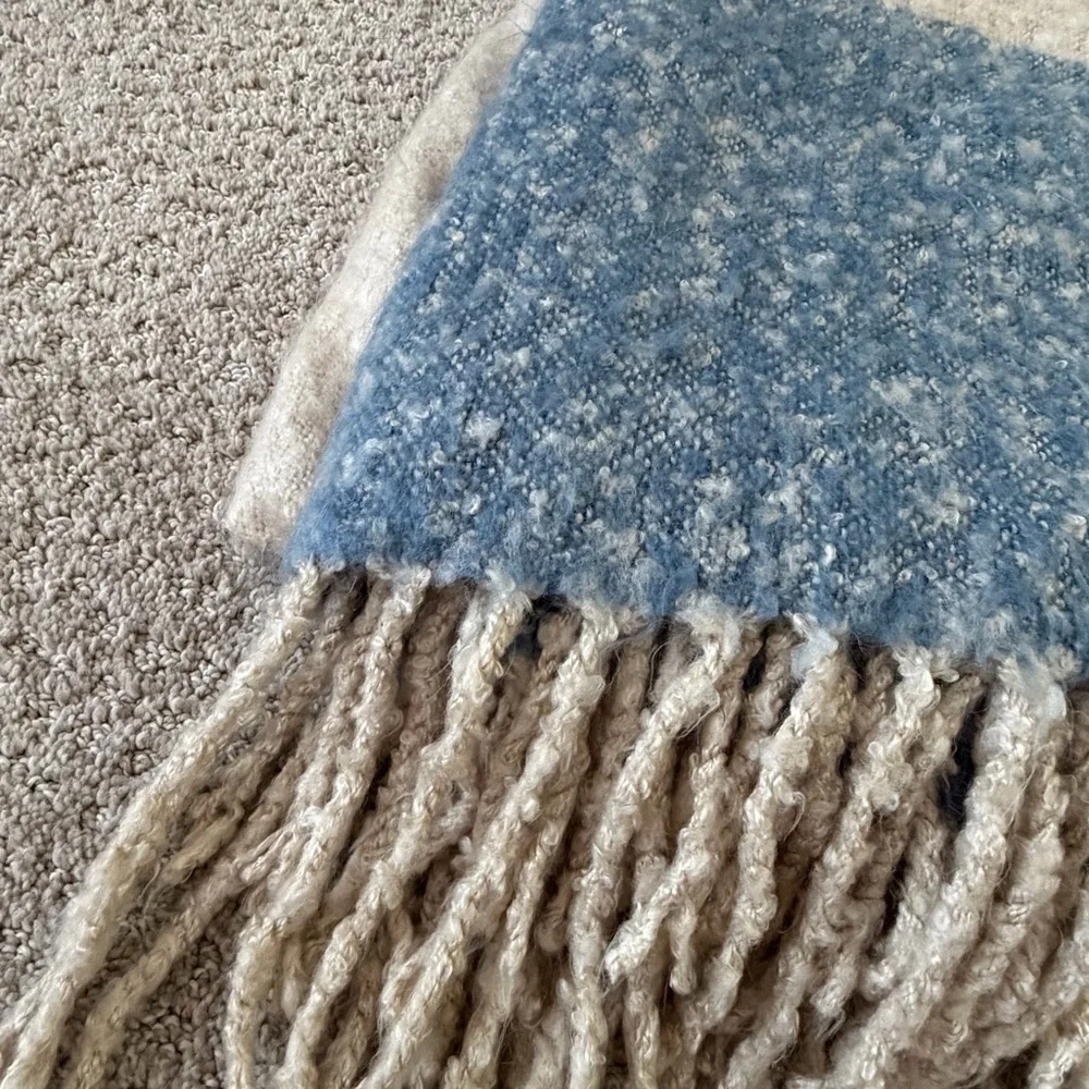 Pottery Barn Faux Mohair Blanket Blue Cream Throw Dipped Porch Fringe Warm Cozy
